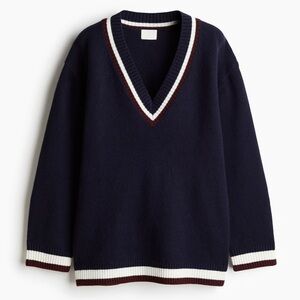 H&M Woman’s Preppy Navy V-Neck Sweater with Cream and Burgundy Trim